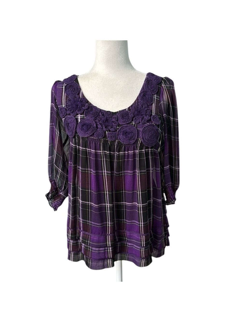 ECI NY Plum Rosette Plaid Blouse Top Size 4